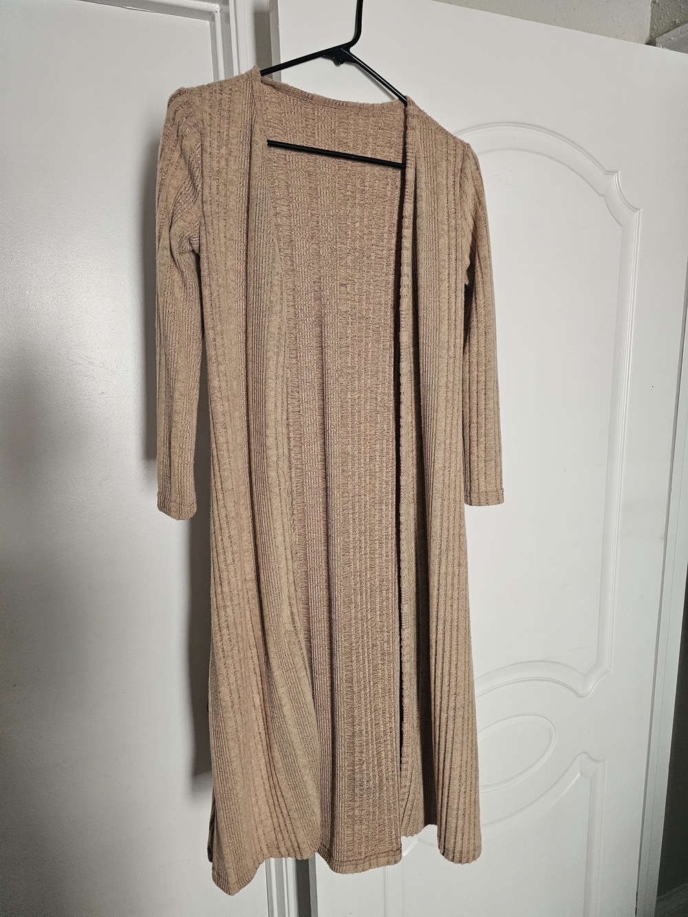 SHEIN Long Ribbed Open-Front Cardigan in Taupe Beige